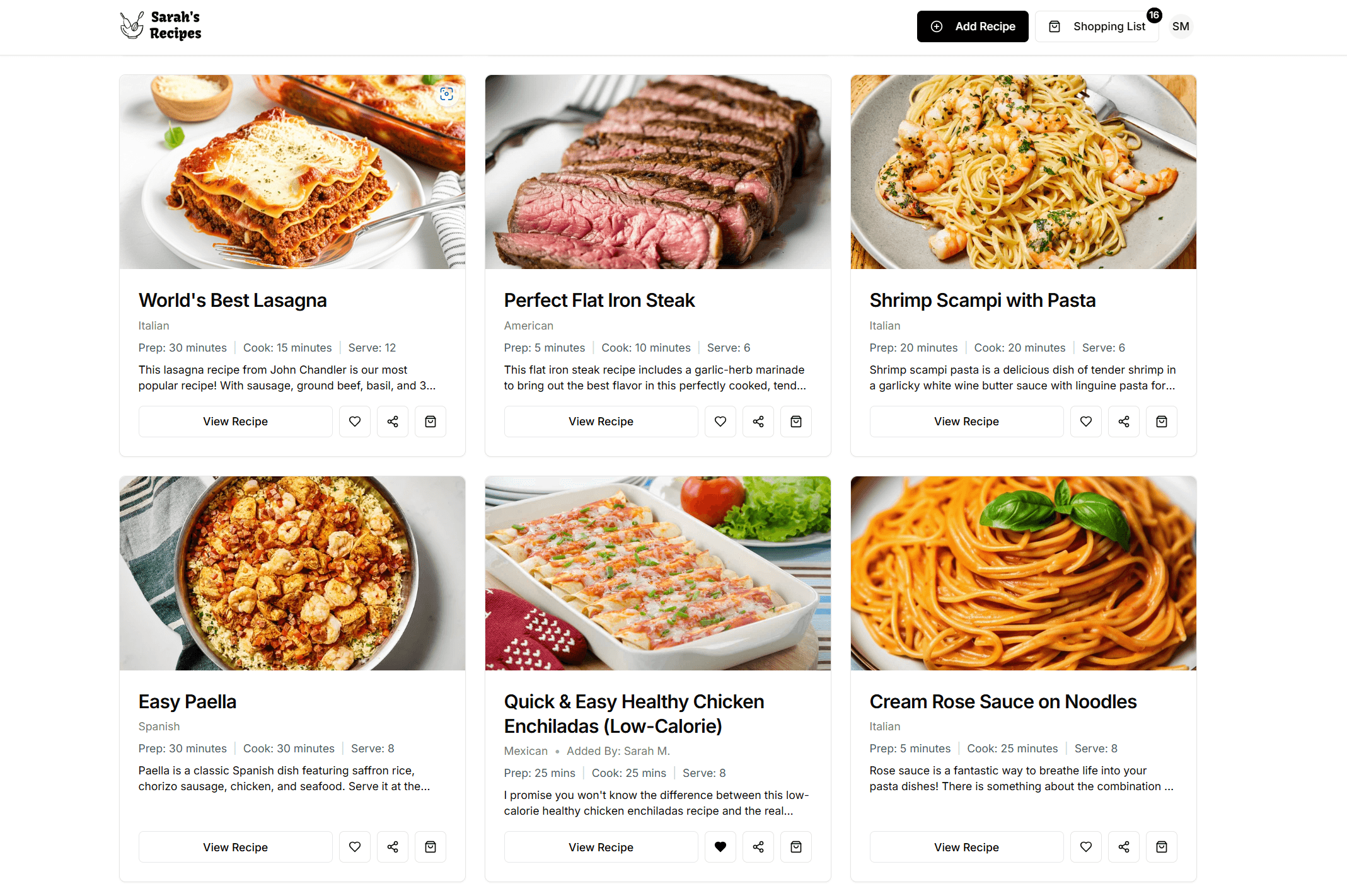 Sarah's Recipes interface showing a clean collection of recipes